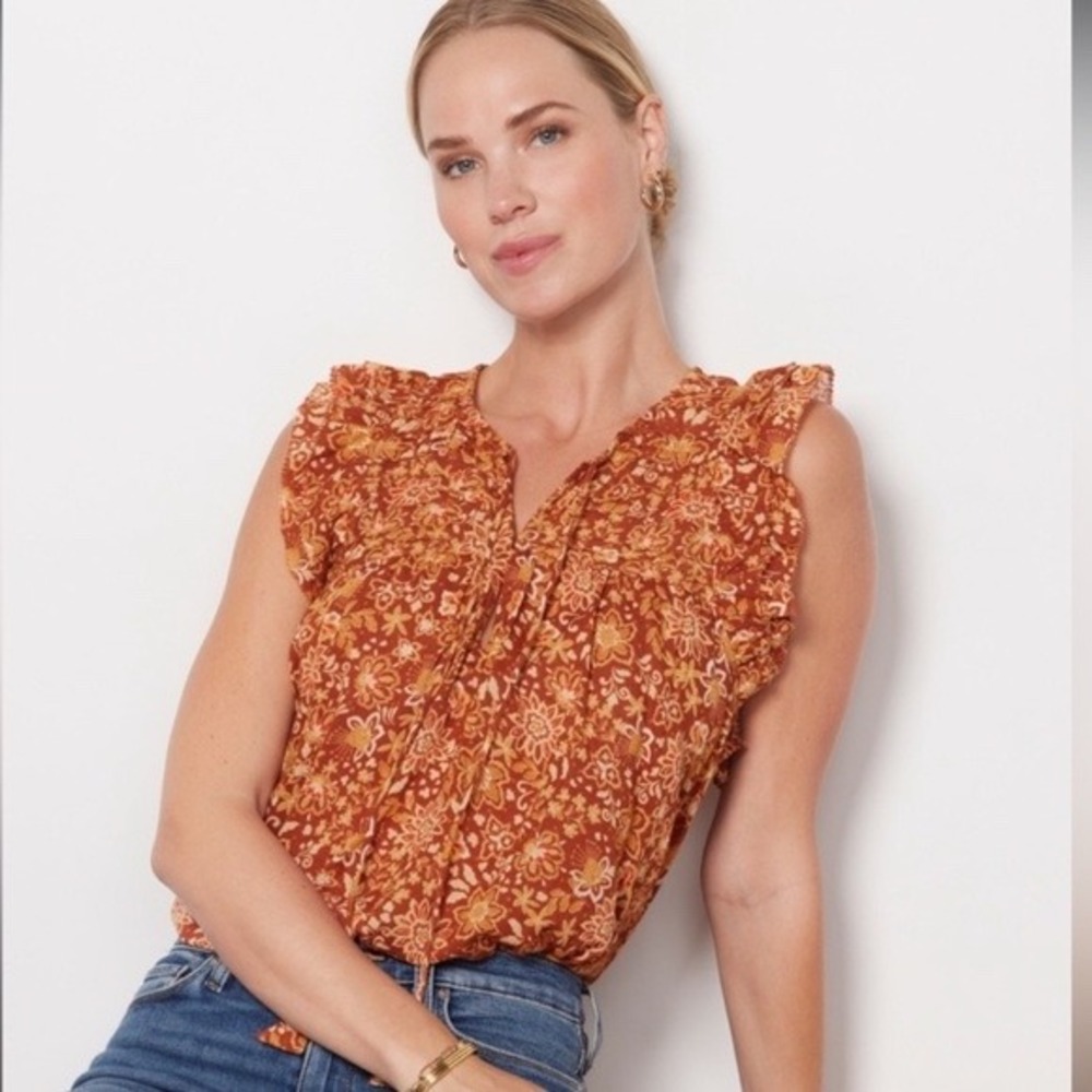 Sundry Sienna Flutter Sleeve Top Orange Floral Boho Blouse Ruffle Size 3 Large